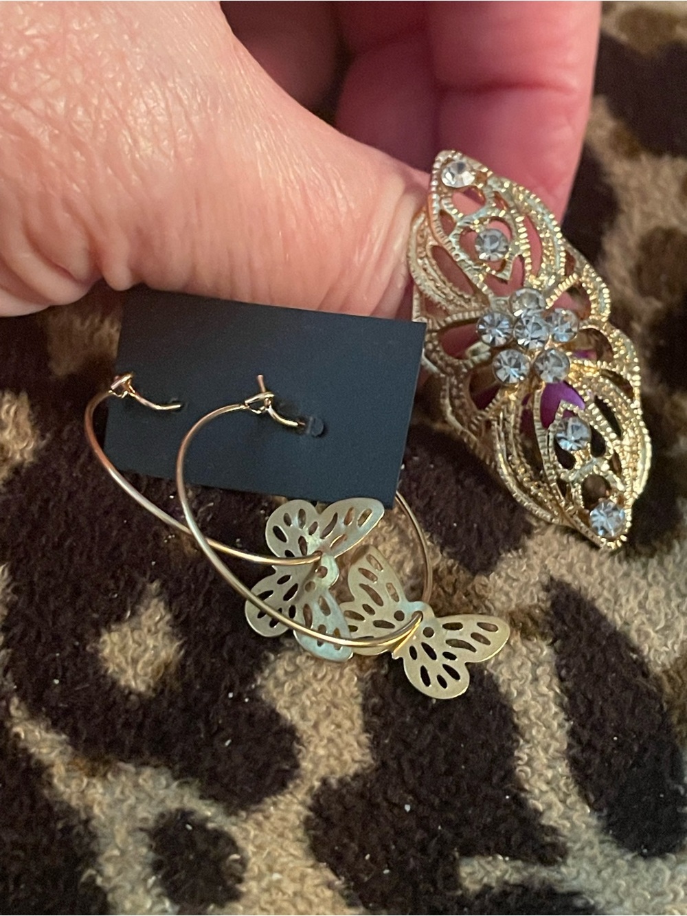 Gold Butterfly Hoop Earrings with gold Crystal Accent Ring adjustable
